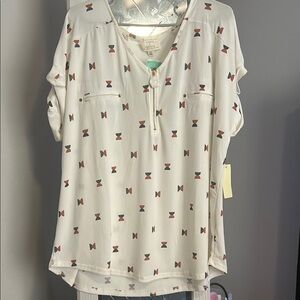 Flower & Feather Cream and Red Patterned Blouse